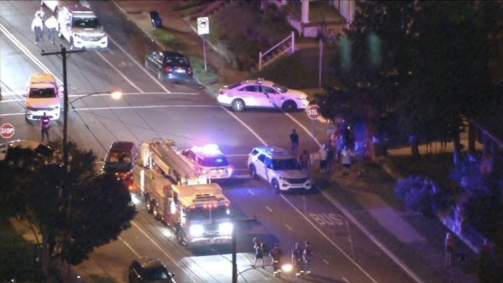 Aerial view of police at the scene of a shooting