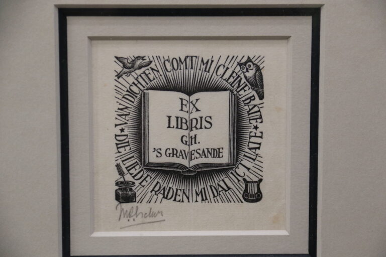 ''ex libris G.H.'s-Gravesande (Open Book),'' 1940, wood engraving. (Cory Sharber/WHYY)
