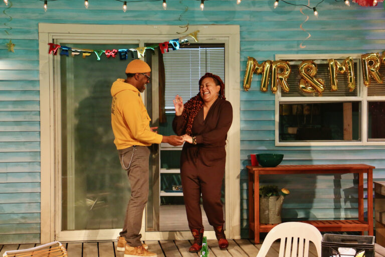 Donnie Hammond plays Tedra, the widow who marries her murdered husband's brother (Lindsay Smiling, left)