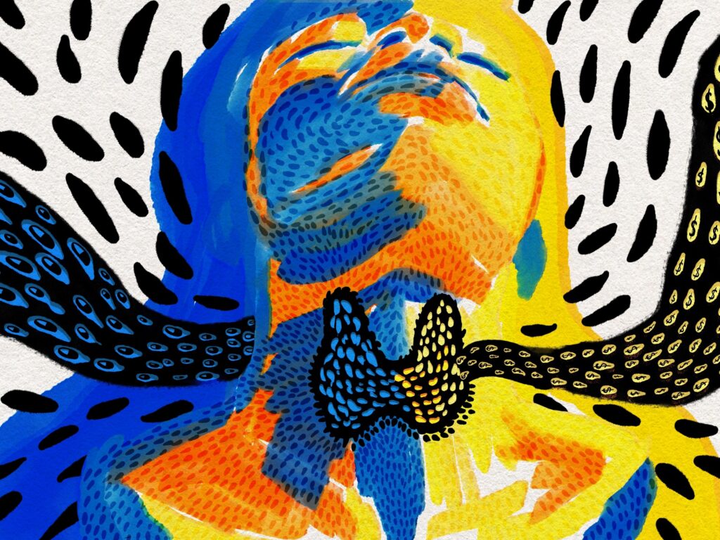 There are 80 different autoimmune diseases, affecting up to 50 million Americans. An illustration shows a person looking upwards, painted in blue, orange, and yellow.