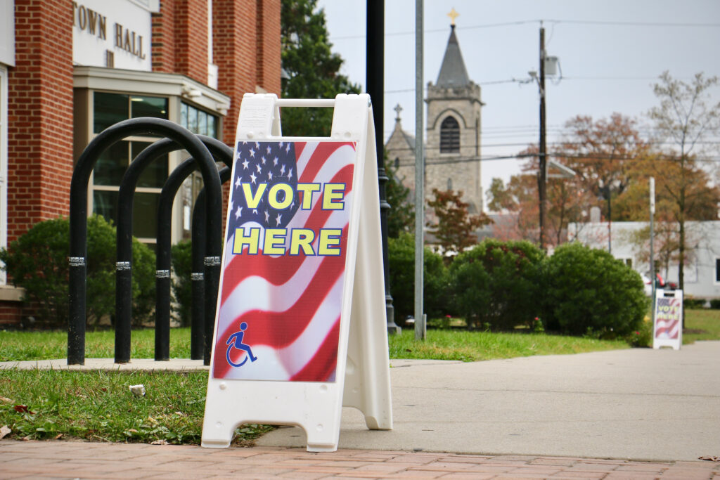 2023 11 07-e lee-moorestown nj town hall-election day polling place sign A polling place at Moorestown Township Town Hall in Burlington County, New Jersey.