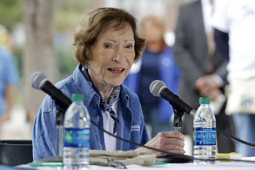 Obit Rosalynn Carter File photo: Former first lady Rosalynn Carter answers questions during a news conference at a Habitat for Humanity building site, Nov. 2, 2015, in Memphis, Tenn.