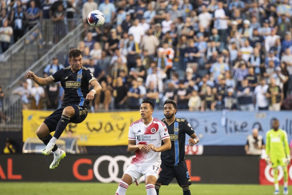 MLS New England Philadelphia Soccer Philadelphia Union's Kai Wagner (27) heads the ball during an MLS playoff soccer game against the New England Revolution, Saturday, Oct. 28, 2023, in Philadelphia.