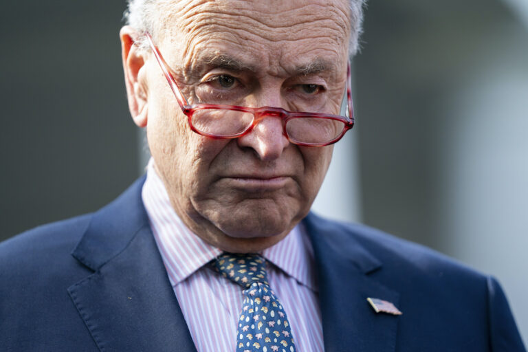 Senate Majority Leader Sen. Chuck Schumer of N.Y., talks with reporters after meeting with President Joe Biden at the White House, Oct. 31, 2023, in Washington