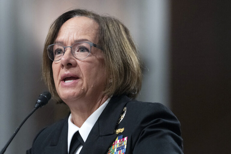 Navy Adm. Lisa Franchetti speaks during a Senate Armed Services Committee hearing on her nomination for reappointment to the grade of admiral and to be Chief of Naval Operations, Sept. 14, 2023, on Capitol Hill in Washington. (AP Photo/Jacquelyn Martin, File)