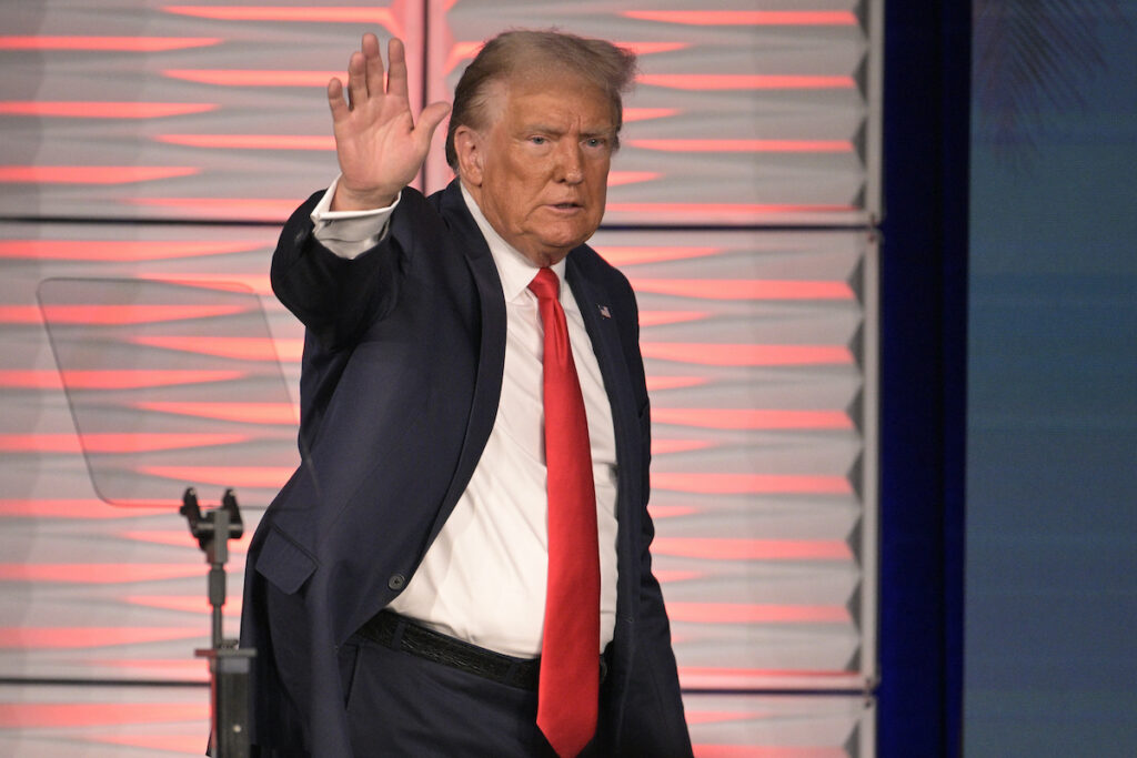 Former President Donald Trump acknowledges attendees after speaking at the Republican Party of Florida Freedom Summit, Saturday, Nov. 4, 2023, in Kissimmee, Fla.