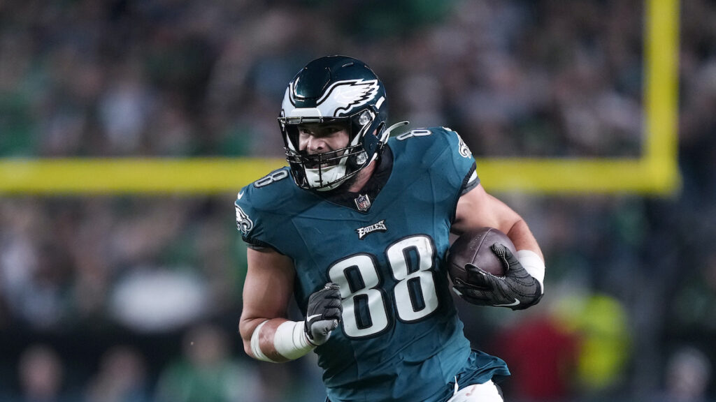 Philadelphia Eagles' Dallas Goedert in action during an NFL football game, Sunday, Nov. 5, 2023, in Philadelphia