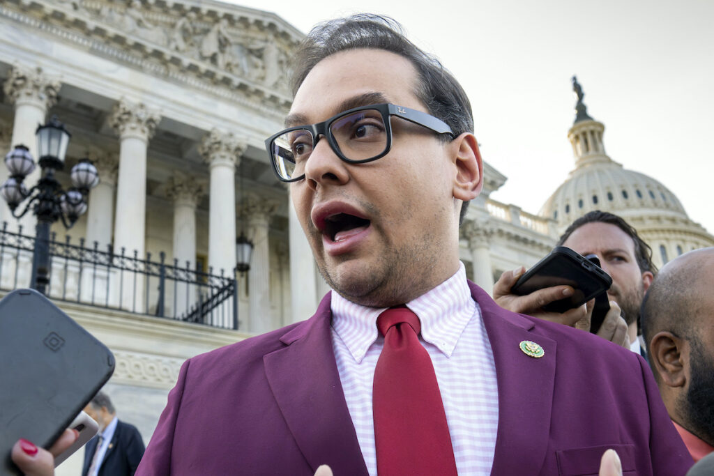 George Santos File photo: Rep. George Santos, R-N.Y., speaks to reporters outside the Capitol, in Washington, May 17, 2023. The House Ethics panel says it has found “substantial evidence” of lawbreaking by Republican Rep. George Santos of New York and has referred its findings to the Justice Department. (AP Photo/J. Scott Applewhite, File)