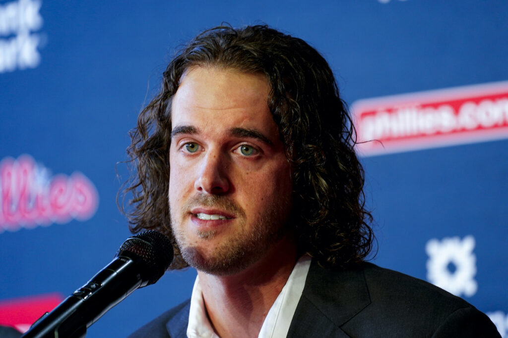 Philadelphia Phillies baseball team pitcher Aaron Nola takes questions from the media after signing a seven-year contract, Monday, Nov. 20, 2023, in Philadelphia.