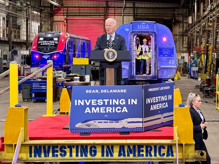 President Joe Biden announces a $16 billion investment towards Amtrak's Northeast Corridor at the Amtrak maintenance facility in Bear, Delaware (Johnny Perez-Gonzalez/WHYY)