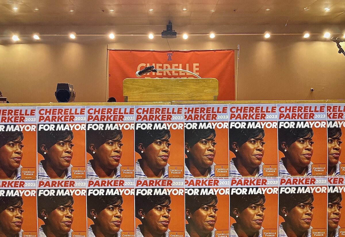 Posters that read ''Cherelle Parker for mayor'' are seen on a campaign stage
