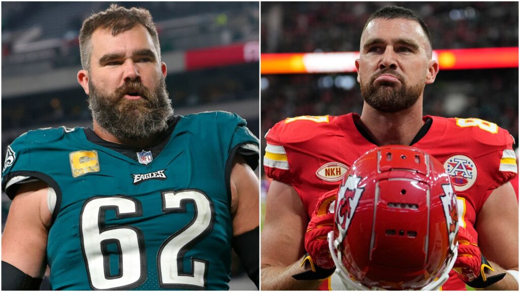 Kelce Bros 2 – box Philadelphia Eagles center Jason Kelce and Kansas City Chiefs tight end Travis Kelce.