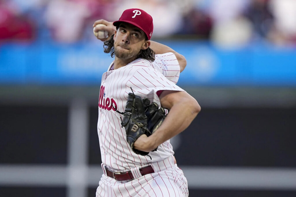Philadelphia Phillies starting pitcher Aaron Nola throws against the Arizona Diamondbacks during the first inning in Game 6 of the baseball NL Championship Series in Philadelphia Monday, Oct. 23, 2023