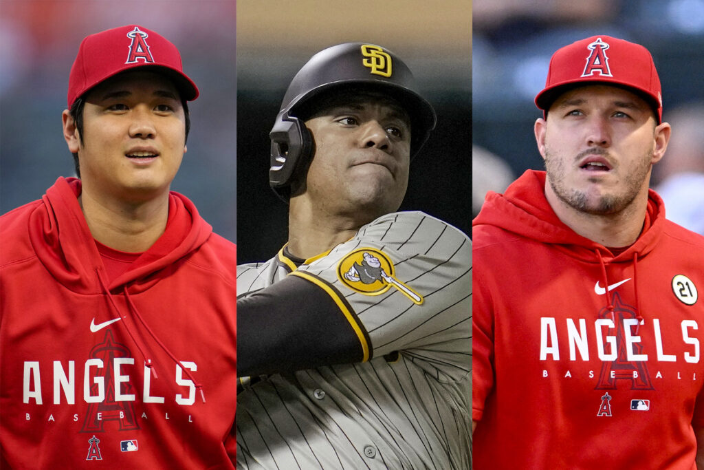 Shohei Ohtani (from left), Juan Soto, and Mike Trout. (AP Photo/Alex Gallardo, File)