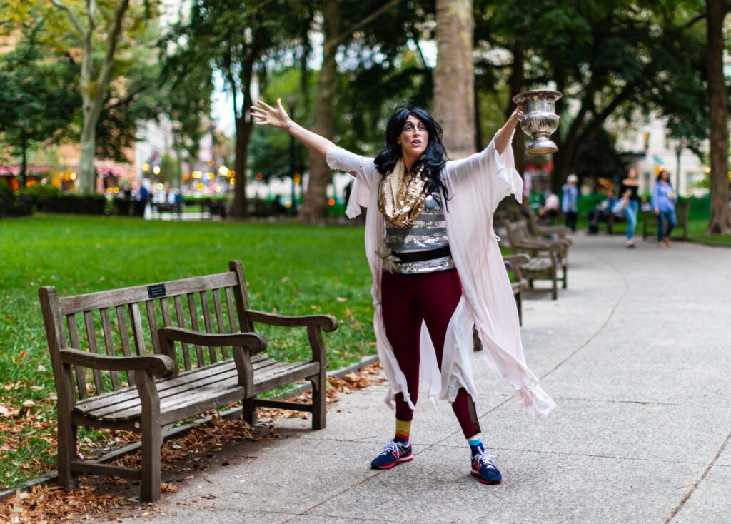 bettysmithsonian-comic-performer-scaled Comic Betty J. Smithsonian, in character in Rittenhouse Square. (Courtesy Betty J. Smithsonian)