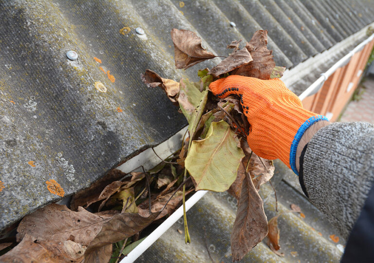 A hand reaches out, holding a pile of leaves and removing it from a gutter
