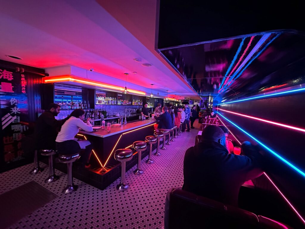 Interior at Chika, a Blade Runner-inspired ramen bar from Glu Hospitality and chef Dean Leevongcharoen