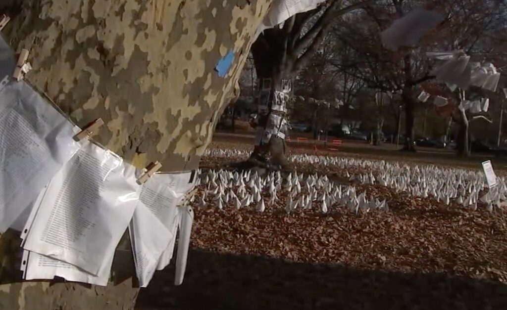 clark-park-memorial-for-palestinians A tree and an area in Clark Park with white flags and papers that is a memorial to Palestinians