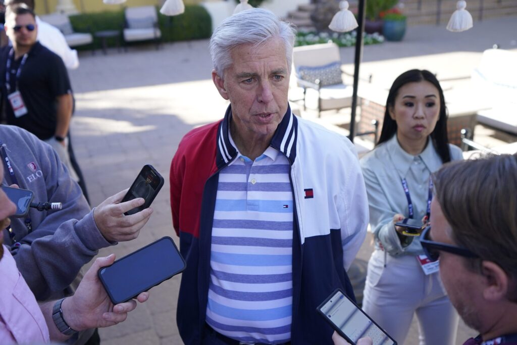 davedombrowski-phillies-scaled Philadelphia Phillies President of Baseball Operations Dave Dombrowski speaks during the Major League Baseball's general manager meetings, Wednesday, Nov. 8, 2023, in Scottsdale, Ariz. (AP Photo/Matt York)