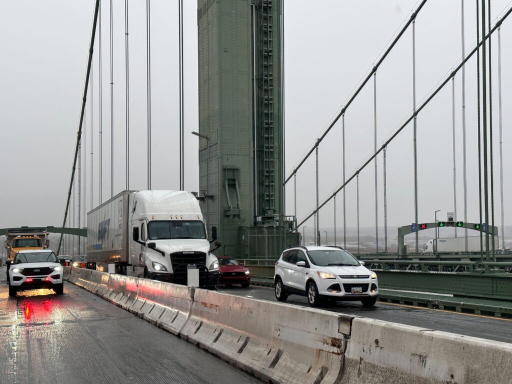 Cars driving on the Delaware Memorial Bridge.