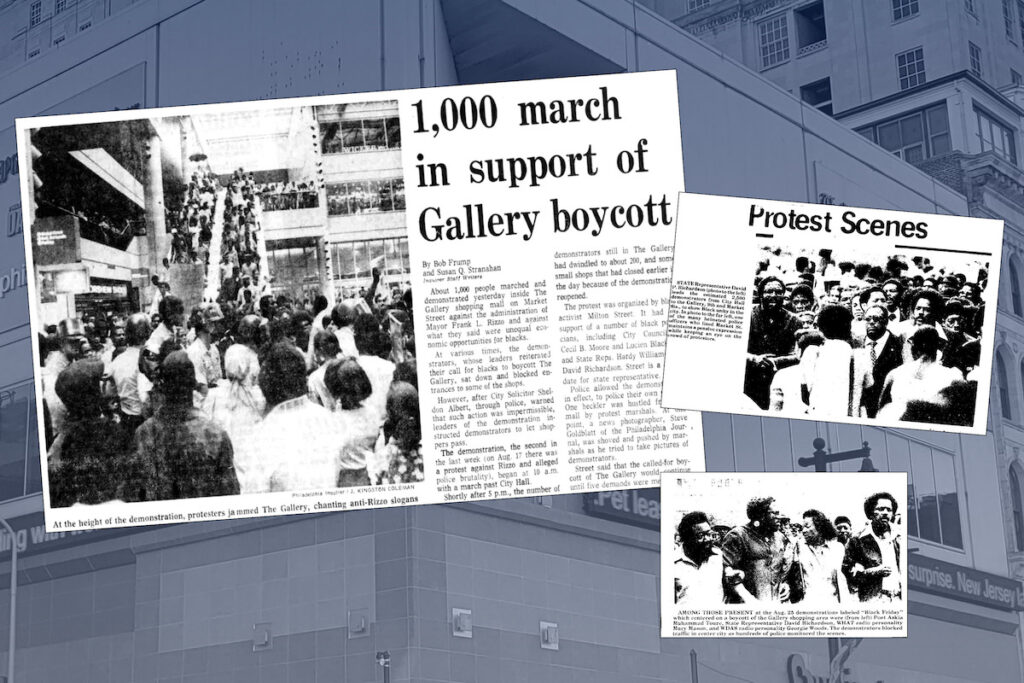 gallerymall-blackfriday-protest-newsclippings-2 Newspaper clippings are visible describing a protest at The Gallery. The Gallery building is visible in the background.