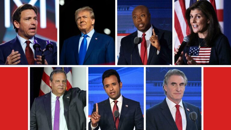 Clockwise from top left: Florida Gov. Ron DeSantis, Donald Trump, South Carolina Sen. Tim Scott, former U.N. Ambassador Nikki Haley, North Dakota Gov. Doug Burgum, Vivek Ramaswamy and former New Jersey Gov. Chris Christie.(Anna Moneymaker, Brandon Bell, Win McNamee, Michael M. Santiago, Robyn Beck/AFP (2), Ethan Miller/Getty Images)