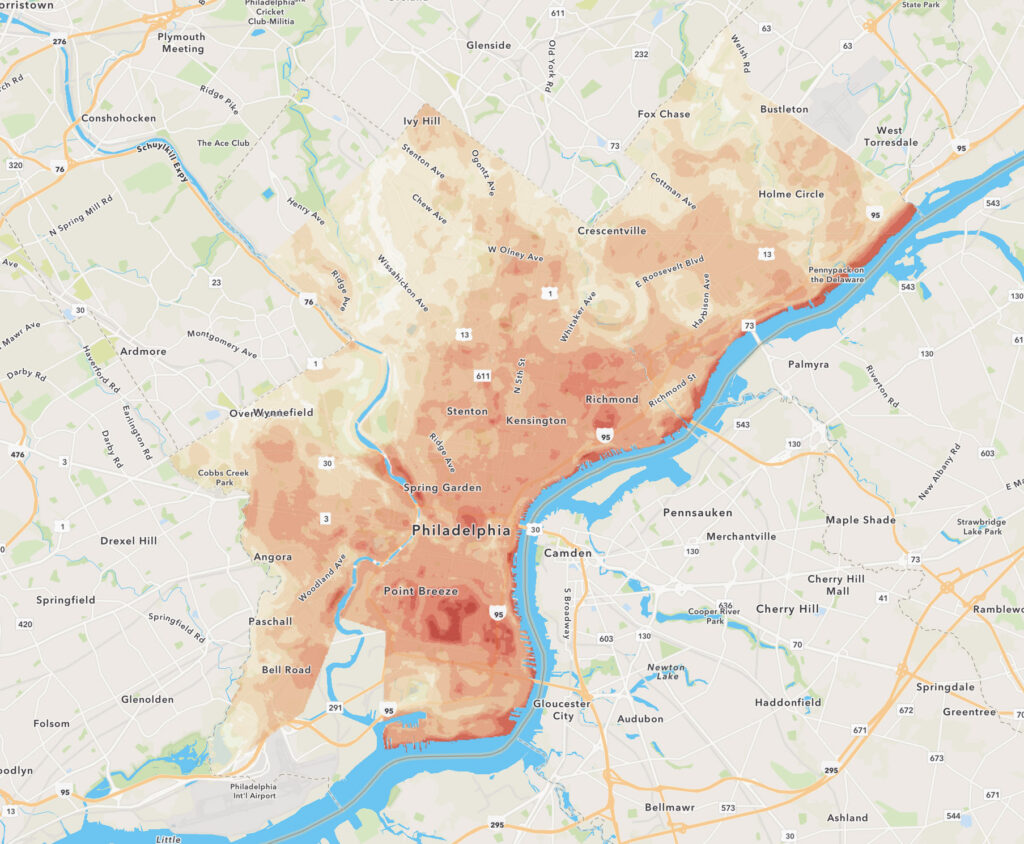 heatmap-afternoon A map shows recorded heat index in Philadelphia.