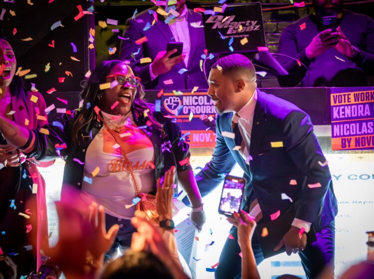 Kendra Brooks and Nicolas O’Rourke celebrate at an election night party