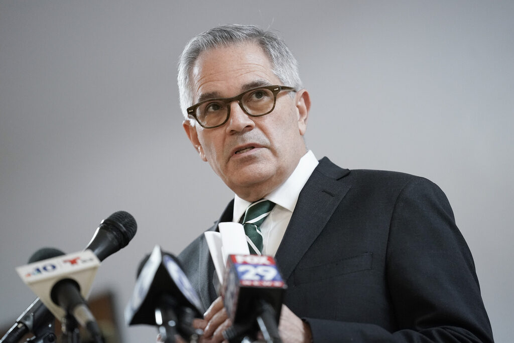 Philadelphia Prosecutor, Krasner speaks into microphones at a press conference