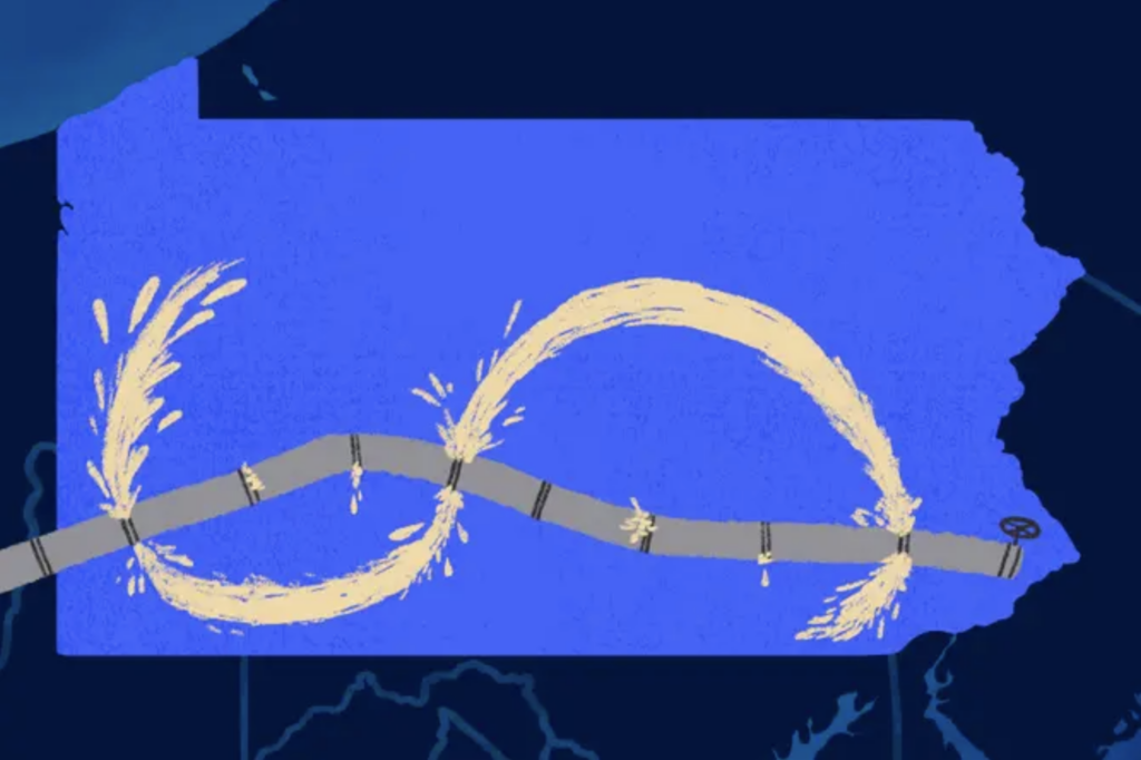 mariner-east-2-illustration-spotlight-pa An illustration of the Mariner East II pipeline running across PA with drilling fluid leaks creating a dollar sign.