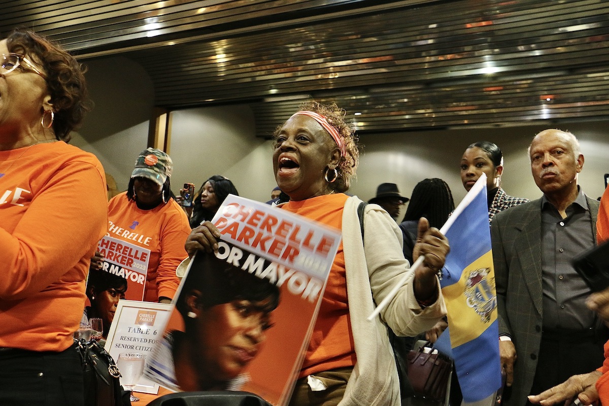 Cherelle Parker supporters at the Sheet Metal Workers Local 19 celebrate