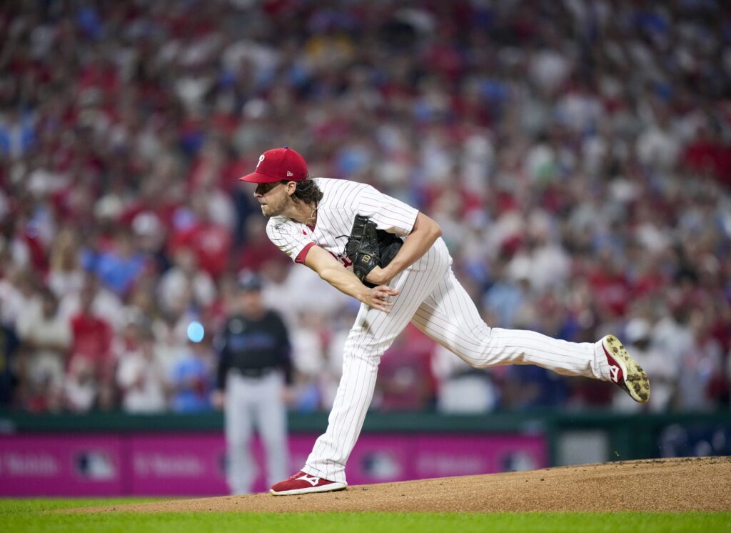 Philadelphia Phillies' Aaron Nola during Game 2 in the NL wild-card baseball playoff series, Wednesday, Oct. 4, 2023, in Philadelphia.