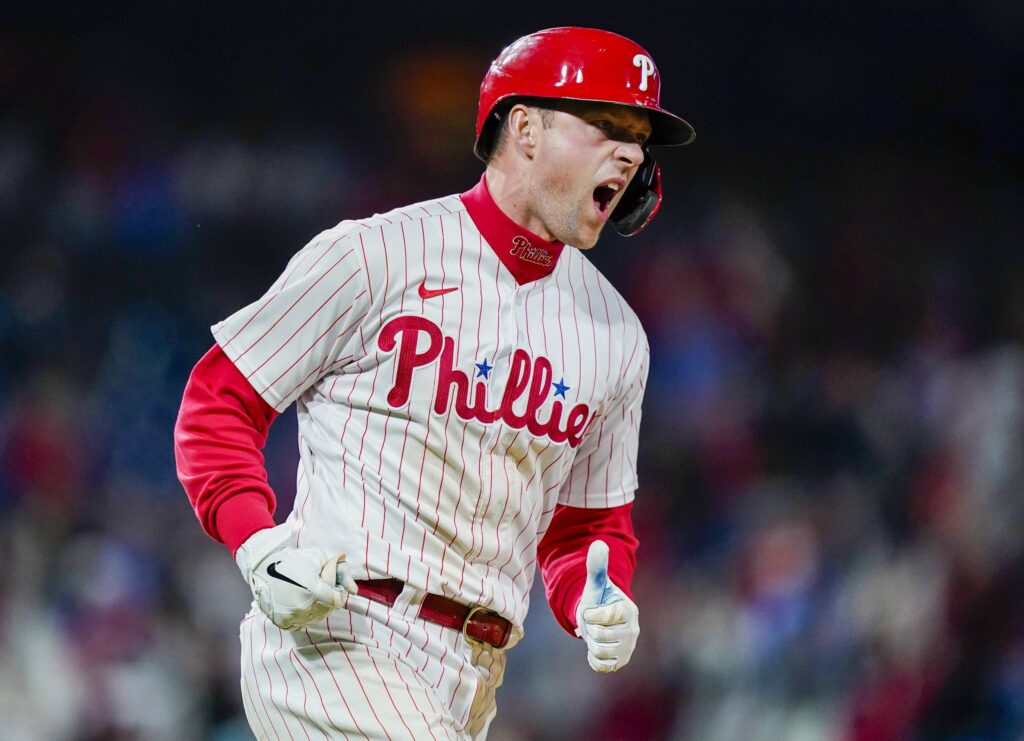 rhyshoskins-phillies-scaled Philadelphia Phillies' Rhys Hoskins reacts after hitting a two-run home run against Atlanta Braves pitcher Jake Odorizzi during the fourth inning of a baseball game, Friday, Sept. 23, 2022, in Philadelphia