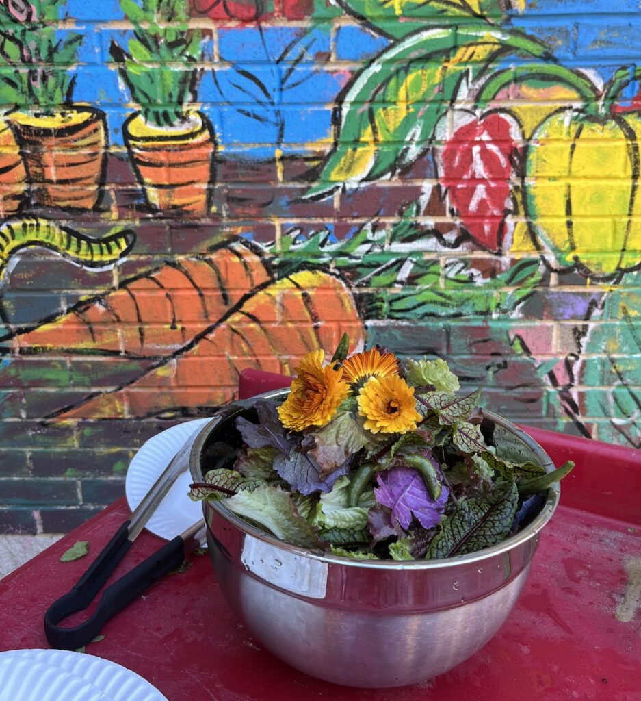 A bowl filled with produce and flowers in front of a mural of carrots and other vegetables.