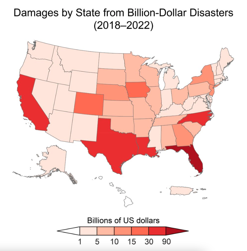 A map of storm damage from climate change shows more billion-dollar disasters across the U.S., particularly in the South