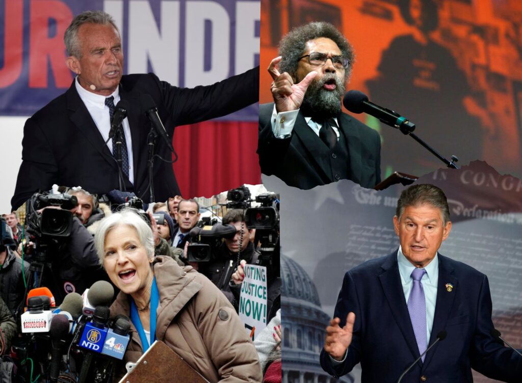 studio211142023 Robert F. Kennedy, Jr. (AP Photo/Matt Rourke), Harvard professor and philosopher Cornel West (AP Photo/Steven Senne), Jill Stein (AP Photo/Mark Lennihan), Sen. Joe Manchin, D-W.Va. (AP Photo/Mariam Zuhaib)