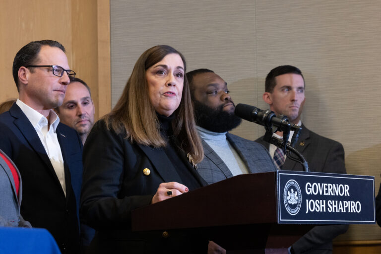 Pa. state Senator Lisa Baker speaks into a microphone