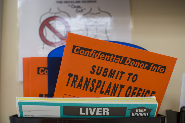 This Friday, Feb. 21, 2014 photo shows organ donation paperwork at Mid-America Transplant Services in St. Louis. (AP Photo/Whitney Curtis)