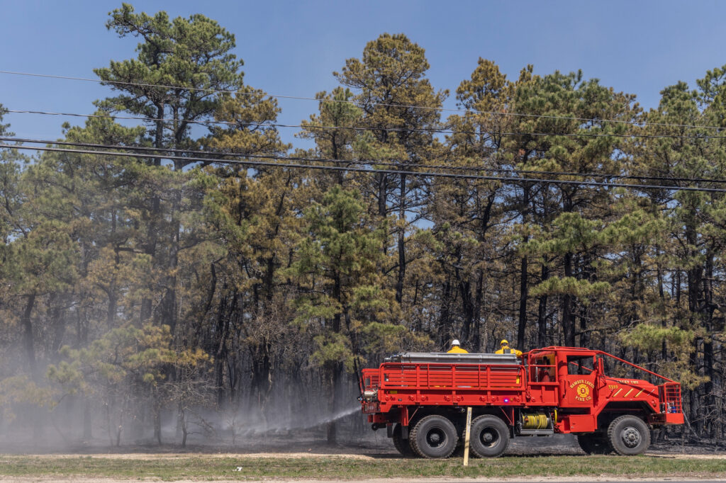 Firefighters putting out flames of a forest fire.