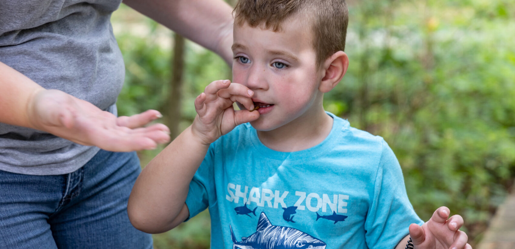 A child tentatively eats something