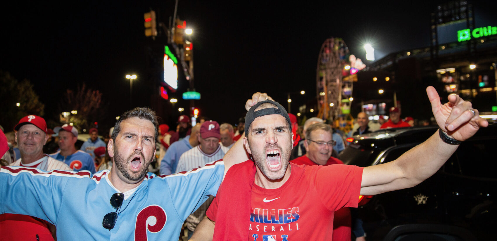 Phillies fans celebrate outside of the stadium
