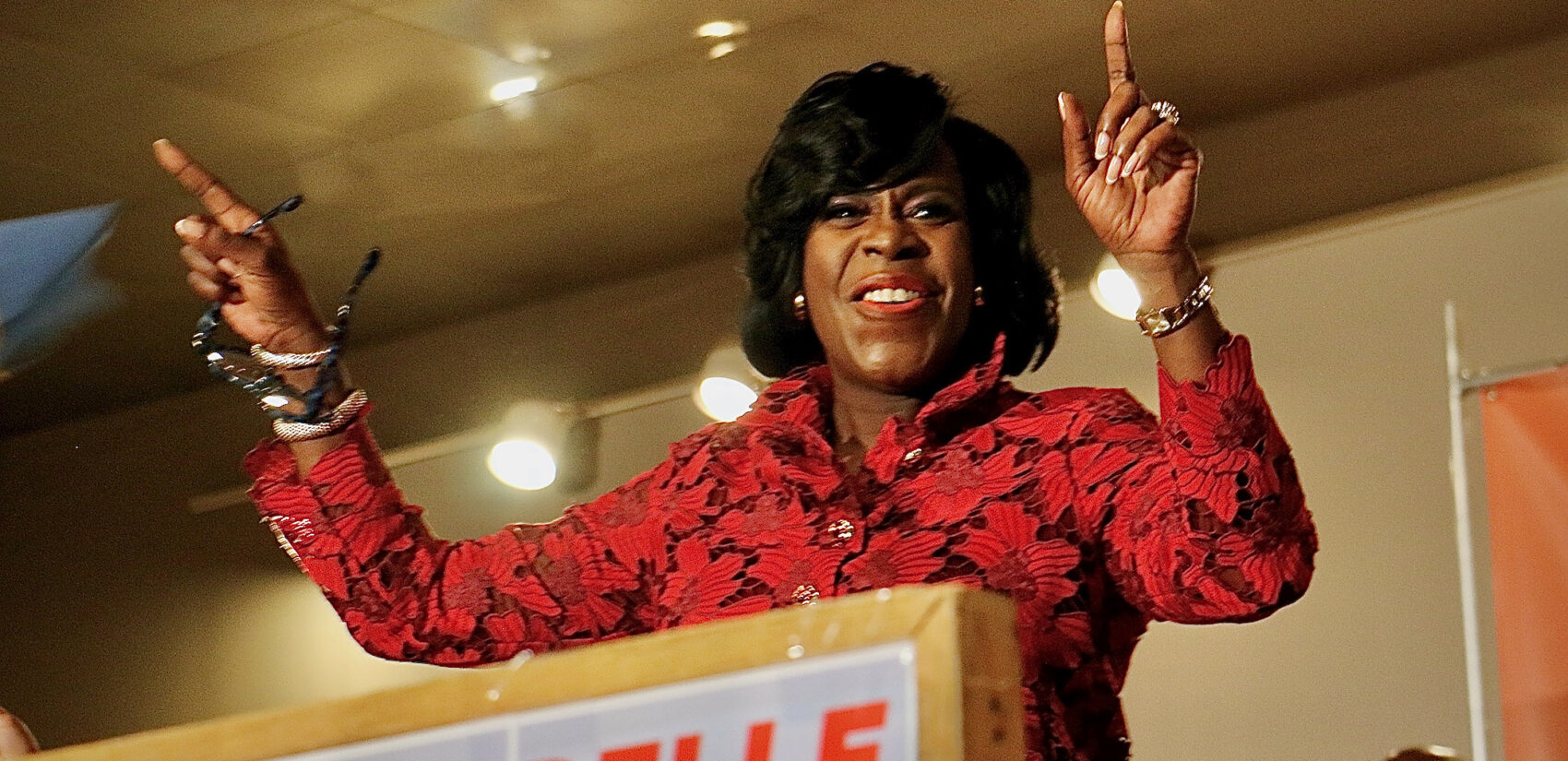 Cherelle Parker smiling and celebrating with her supporters