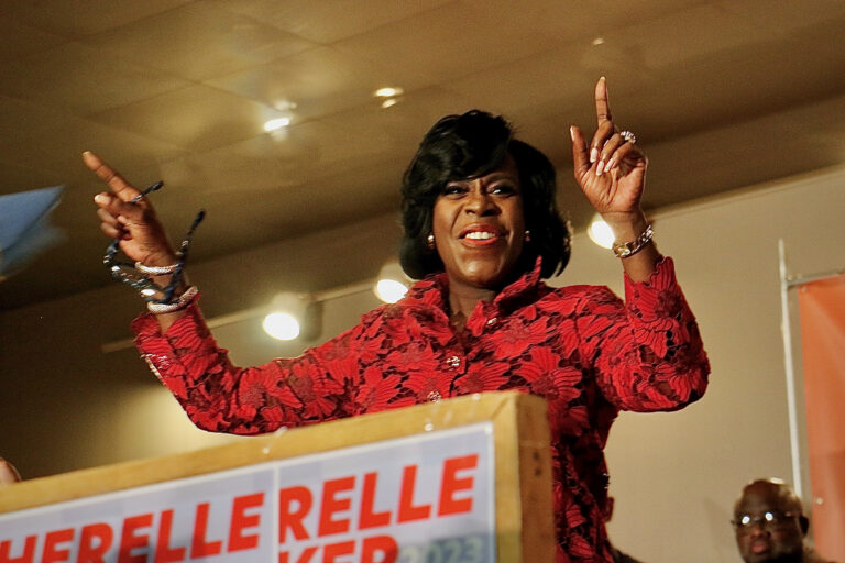 Cherelle Parker smiling and celebrating with her supporters