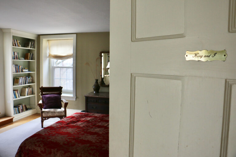 A room with a bed and bookcase