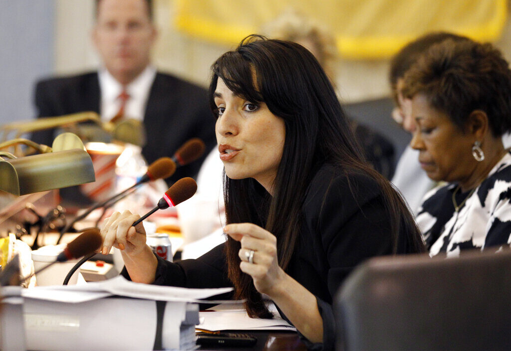 Teresa Ruiz New Jersey Sen. Teresa Ruiz speaks into a microphone