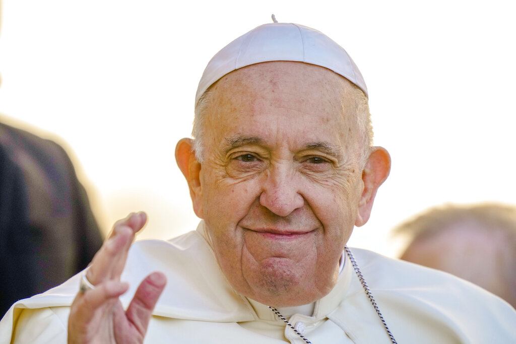 Pope Francis arrives for his weekly general audience in St. Peter's Square at The Vatican, Wednesday, Sept. 21, 2022. (AP Photo/Andrew Medichini)