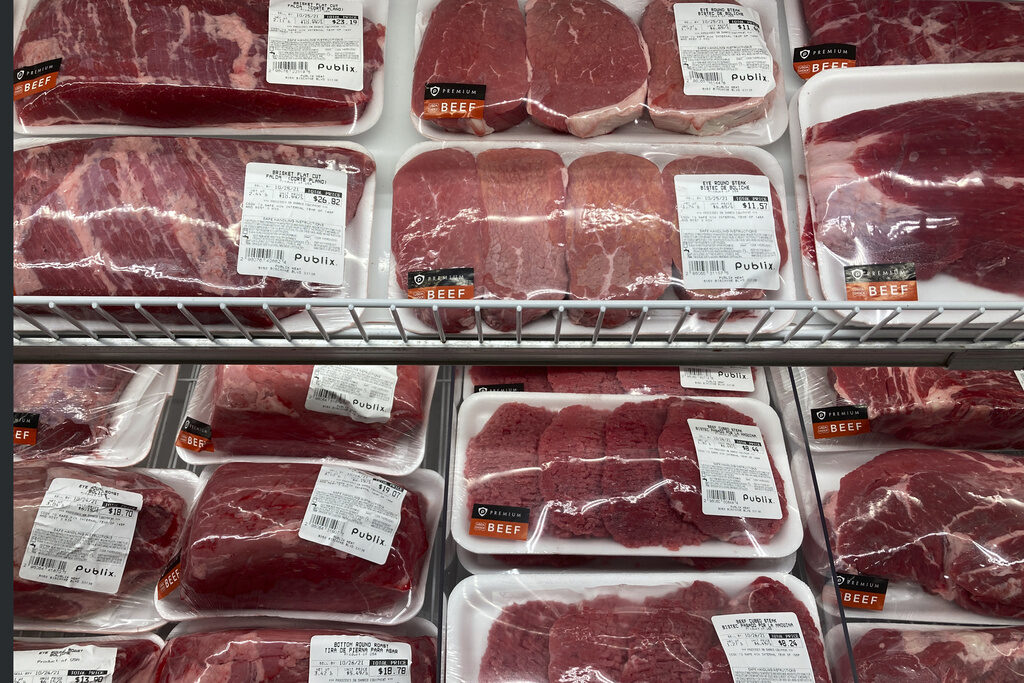 meat FILE - A selection of beef cuts is displayed at a supermarket in Miami on Wednesday, Oct. 20, 2021. Experts agree that the urgency of climate change and the demands of a surging global population call for an overhaul of how humans get their protein. (AP Photo/Marta Lavandier, File)