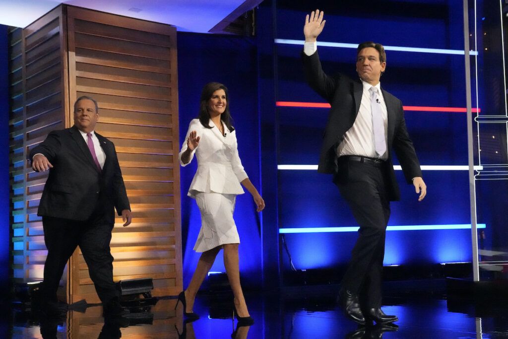 Election 2024 Debate What to Watch Republican presidential candidates (from left) former New Jersey Gov. Chris Christie, former UN Ambassador Nikki Haley, and Florida Gov. Ron DeSantis, arrive on stage before a Republican presidential primary debate hosted by NBC News Wednesday, Nov. 8, 2023, at the Adrienne Arsht Center for the Performing Arts of Miami-Dade County in Miami. A two-hour Republican presidential primary debate will start at 8 p.m. ET on Wednesday, Dec. 6, in Tuscaloosa, Ala. (AP Photo/Wilfredo Lee, File)