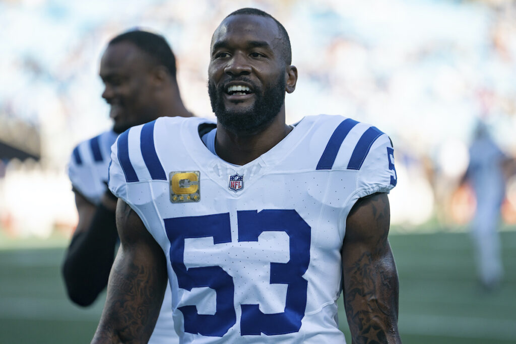 Colts Panthers Football Indianapolis Colts linebacker Shaquille Leonard (53) warms up before an NFL football game against the Carolina Panthers Sunday, Nov. 5, 2023, in Charlotte, N.C.