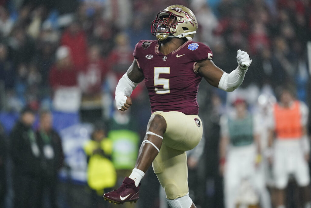 ACC Championship Football Florida State defensive lineman Jared Verse reacts after a play during the second half of the team's Atlantic Coast Conference championship NCAA college football game against Louisville, Saturday, Dec. 2, 2023, in Charlotte, N.C.
